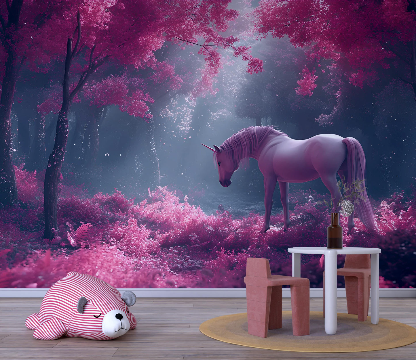 Magical Unicorn Wall Mural for Kids Room | Pink Fantasy Forest Wallpaper | Enchanted Unicorn Bedroom Decor Vn 301