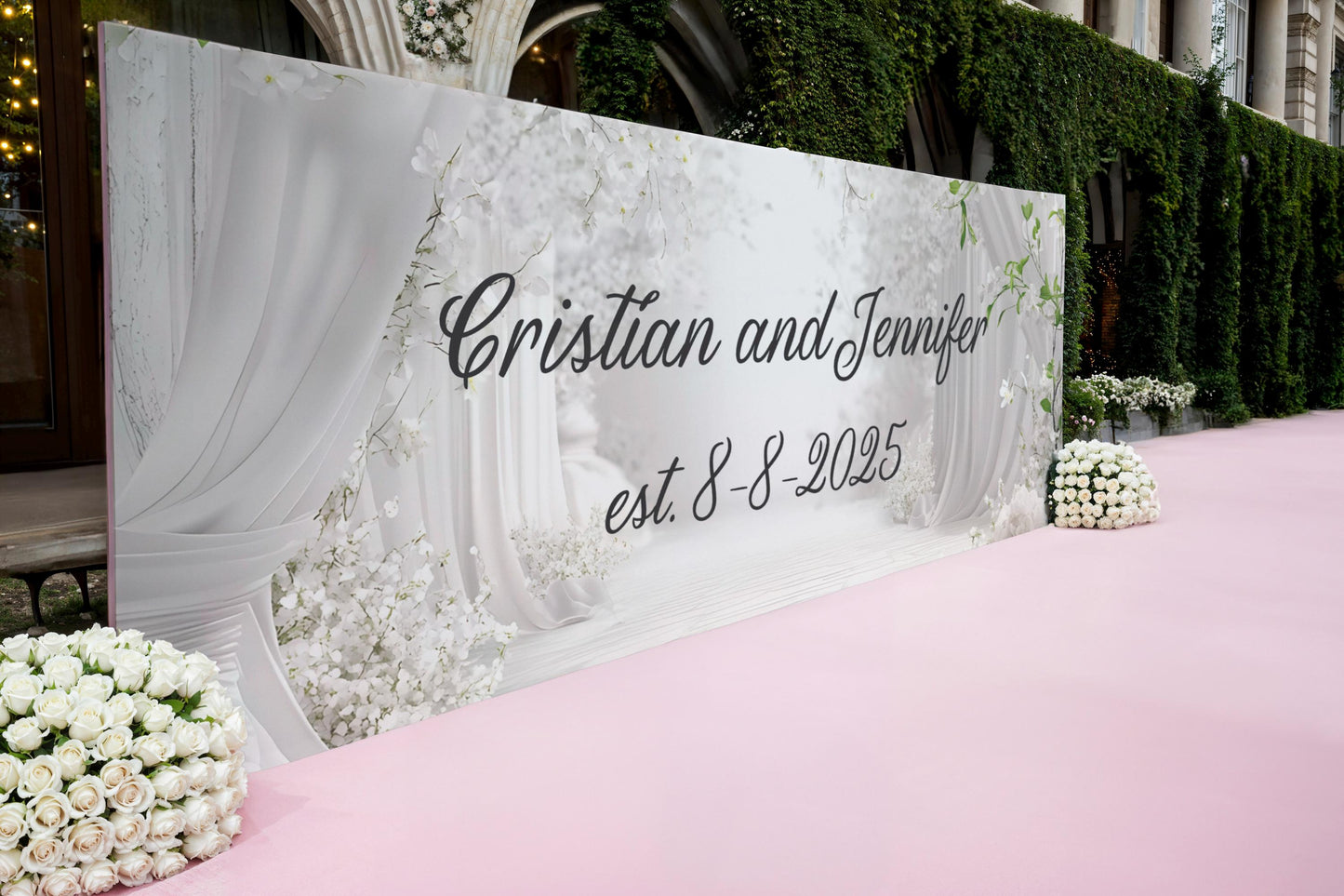 Custom Wedding Sign – Personalized Wedding Wall Art with Names and Date – Romantic Couple Backdrop – Elegant Wedding Decor Vn517