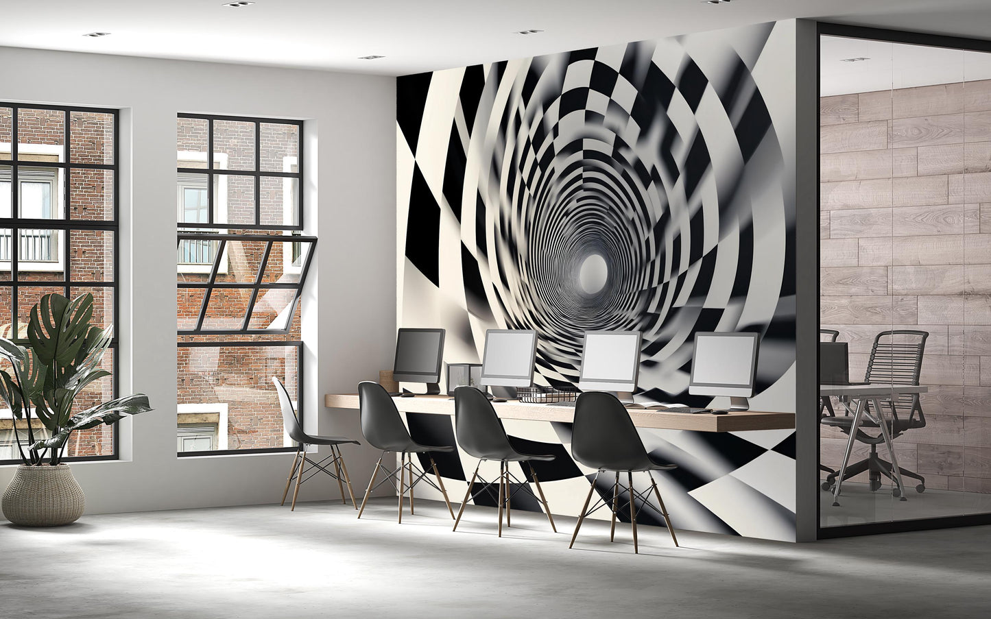 Black and White 3D Tunnel Wall Mural – Optical Illusion Modern Office Wallpaper Vn916