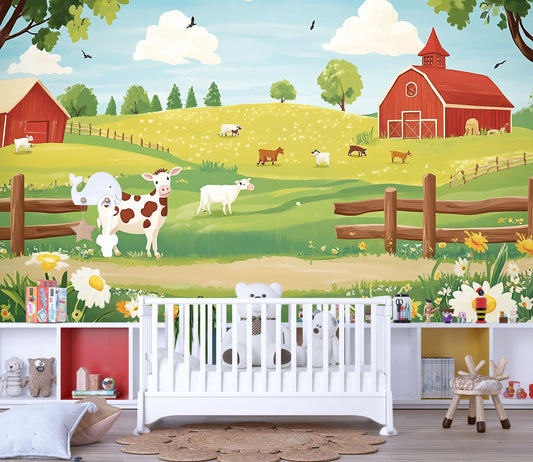 Farm Animal Wall Mural for Nursery – Cute Cow & Barnyard Scene – Kids Room Wallpaper – Pastoral Wall Art – Removable Vinyl Decal Vn625
