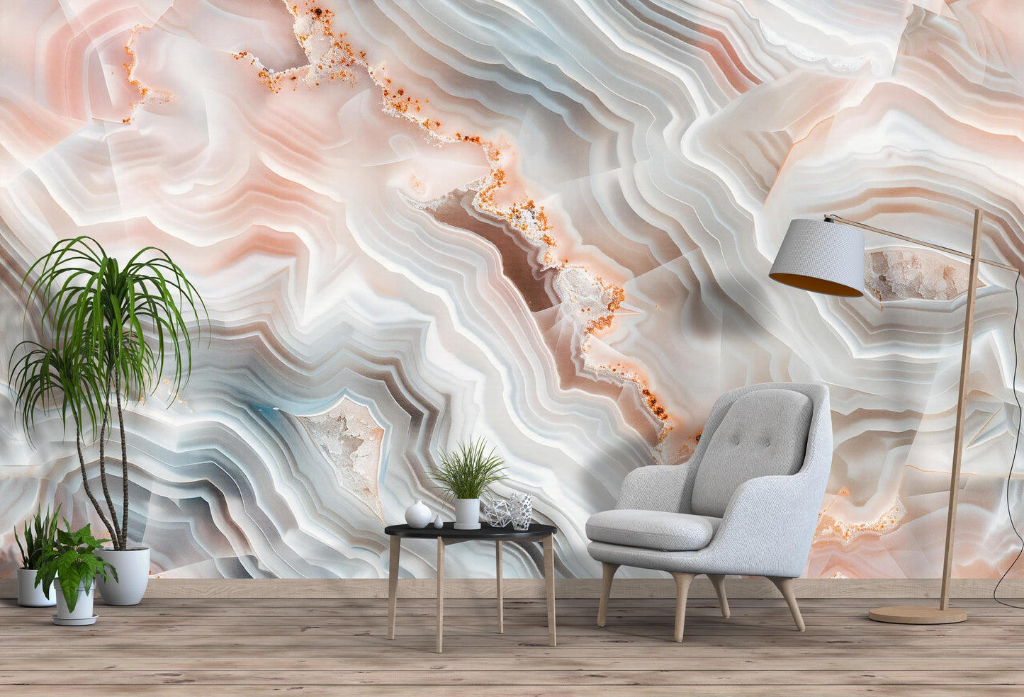 Agate Stone Wall Mural – Crystal Marble Wallpaper in Neutral Grey Peach Tones for Modern Decor Vn1089