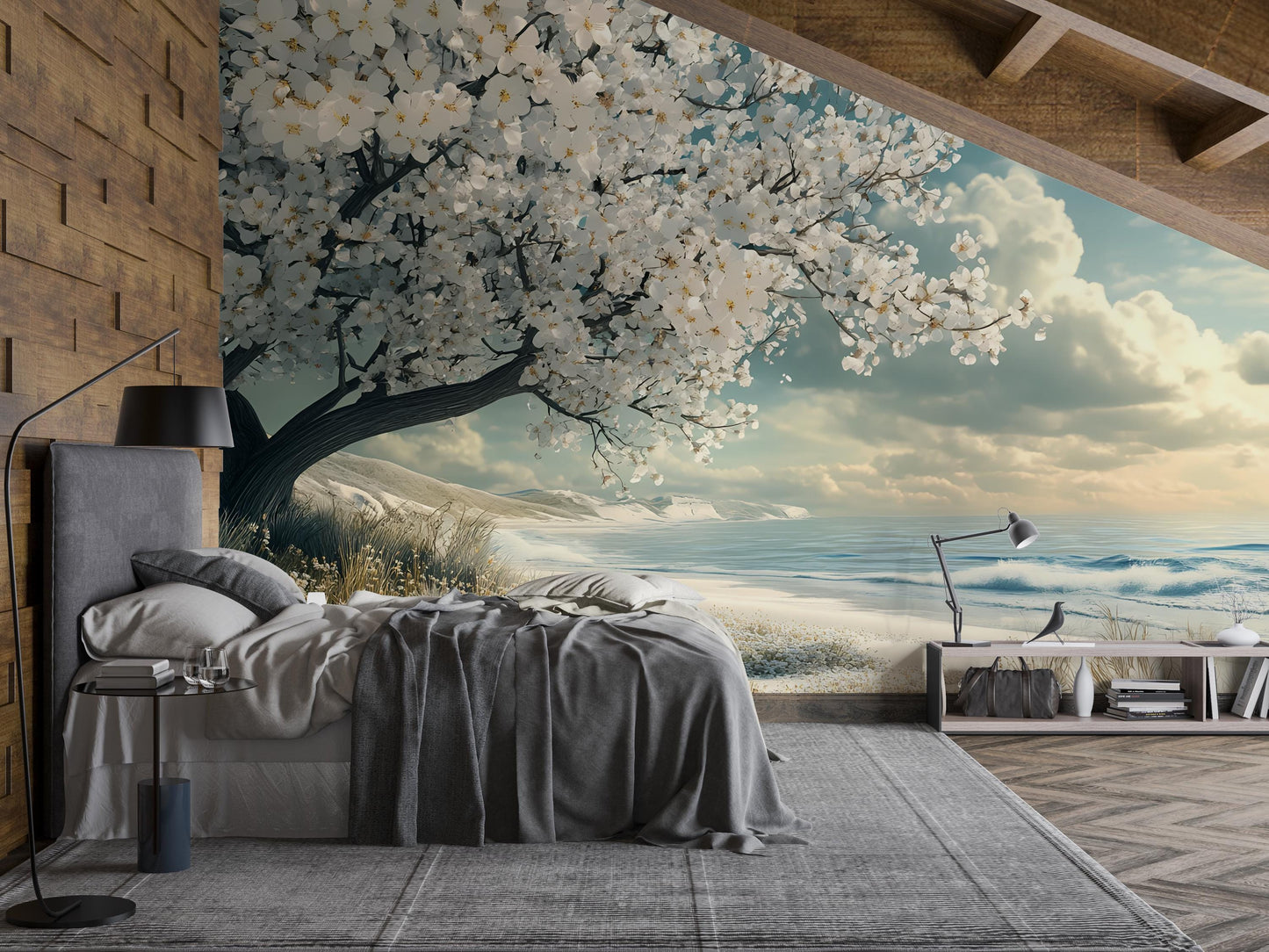 Cherry Blossom Tree Wall Mural | Coastal Bedroom Wall Art | Tranquil Beach Landscape Wallpaper | Boho Japandi Decor Accent Vn571