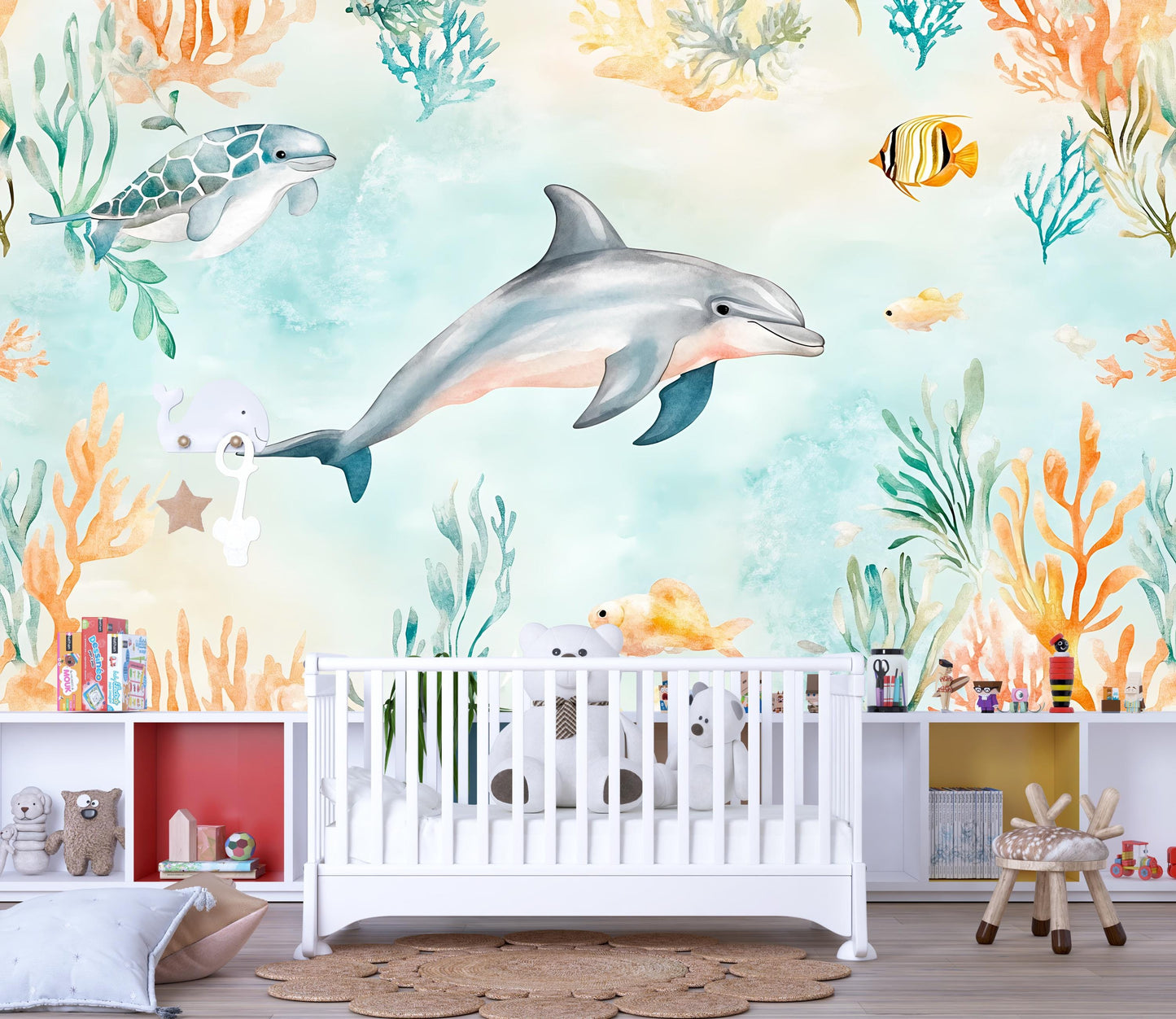 Dolphin Wall Mural – Ocean Nursery Wallpaper with Fish & Coral Reef Vn987