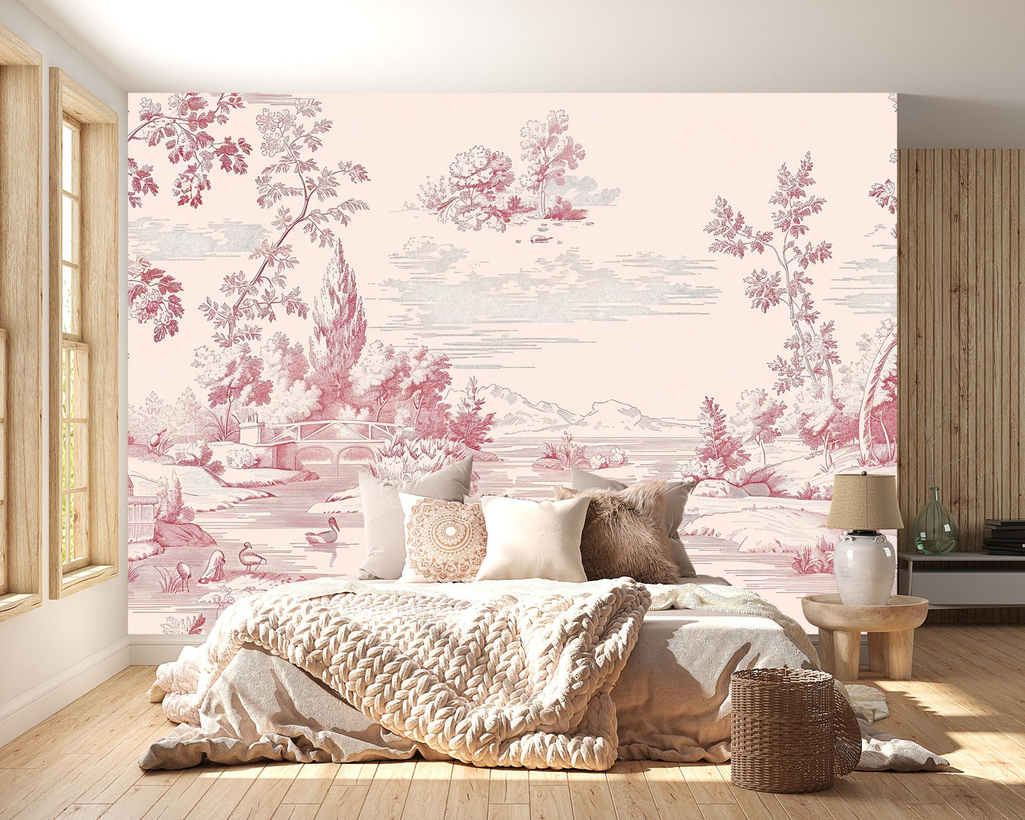 Pink Toile Wall Mural | French Vintage Landscape Wallpaper Vn1037