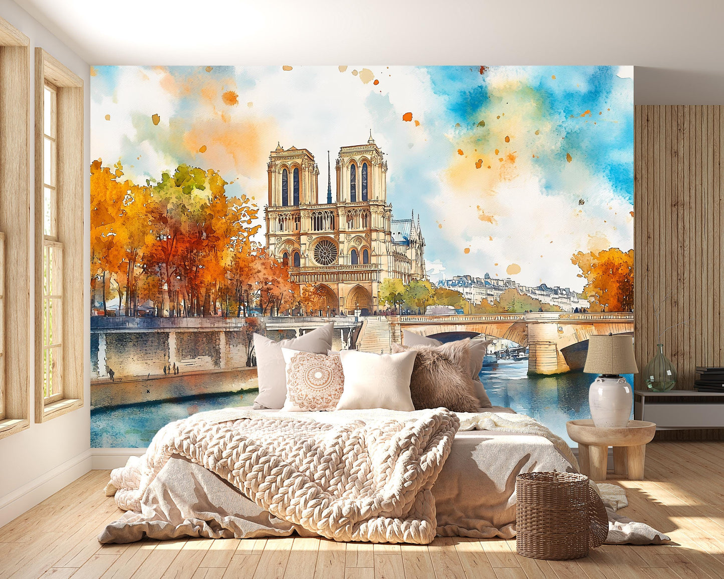 Notre Dame Paris Wall Mural – Watercolor Cathedral Wallpaper Vn932