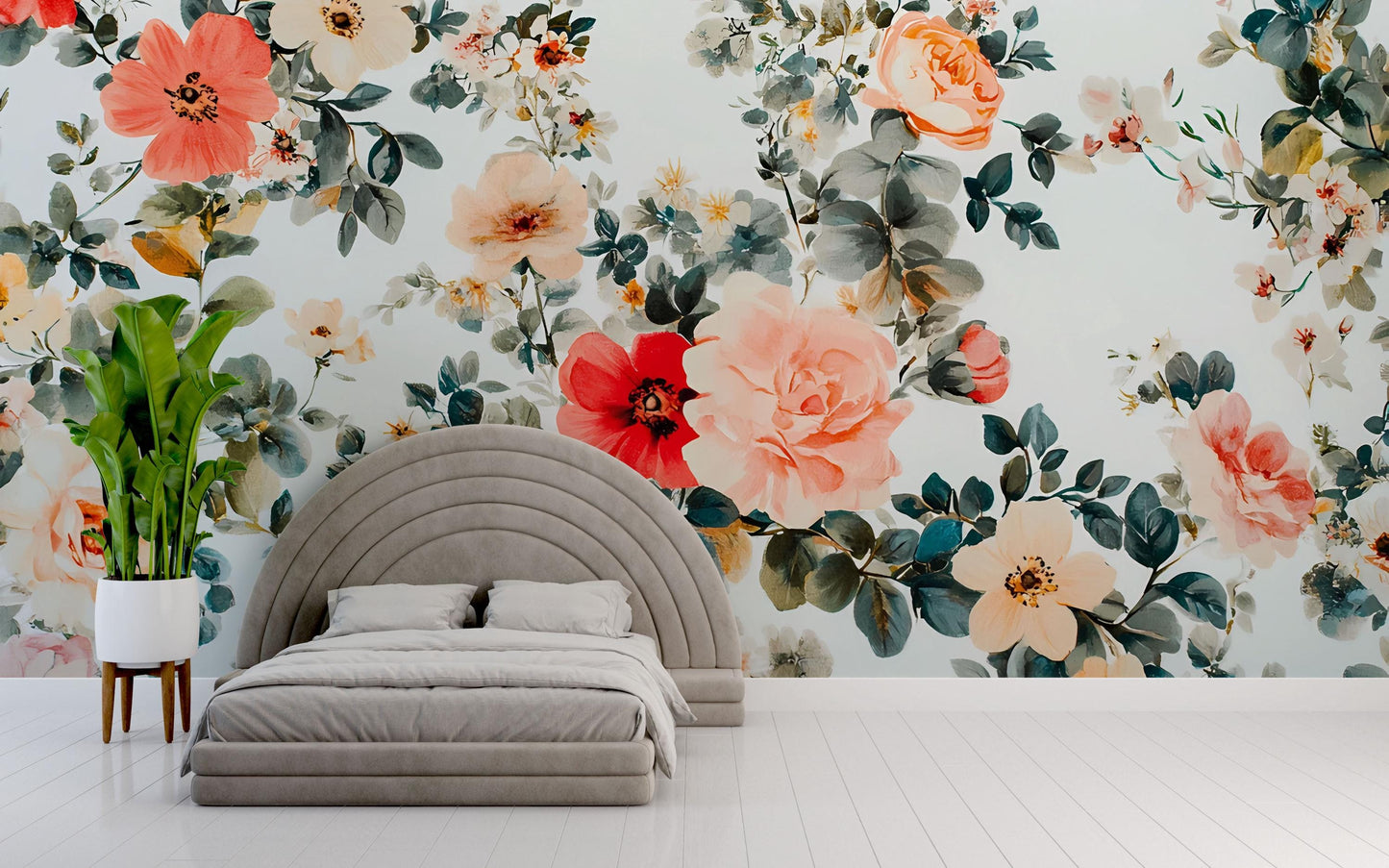 Large Floral Wall Mural, Romantic Watercolor Flower Wallpaper, Botanical Bedroom Accent Wall, Peel and Stick Floral Mural Vn643