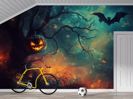 Spooky Jack O’Lantern & Bat Halloween Wall Mural – Haunted Tree Office Décor Vn815
