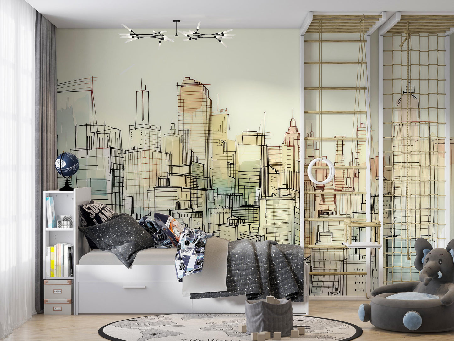 City Sketch Wall Mural – Urban Skyline Line Art Wallpaper, Modern Accent Wall Decor for Bedroom, Office or Kids Room Vn1069