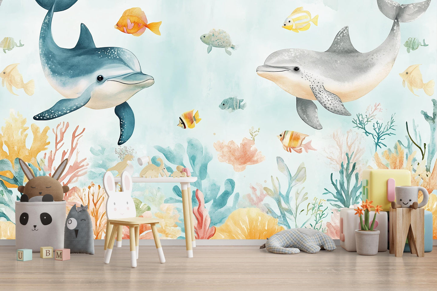 Dolphin Wall Mural – Ocean Nursery Wallpaper with Coral Reef & Colorful Fish Vn989