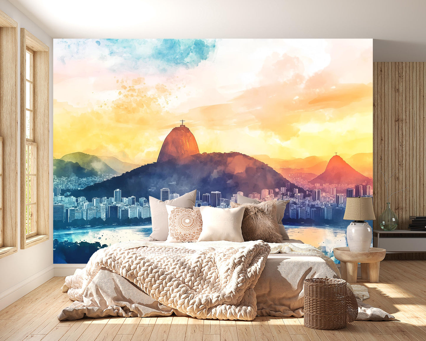Rio de Janeiro Wall Mural – Brazil Cityscape Watercolor Skyline Wallpaper Vn938