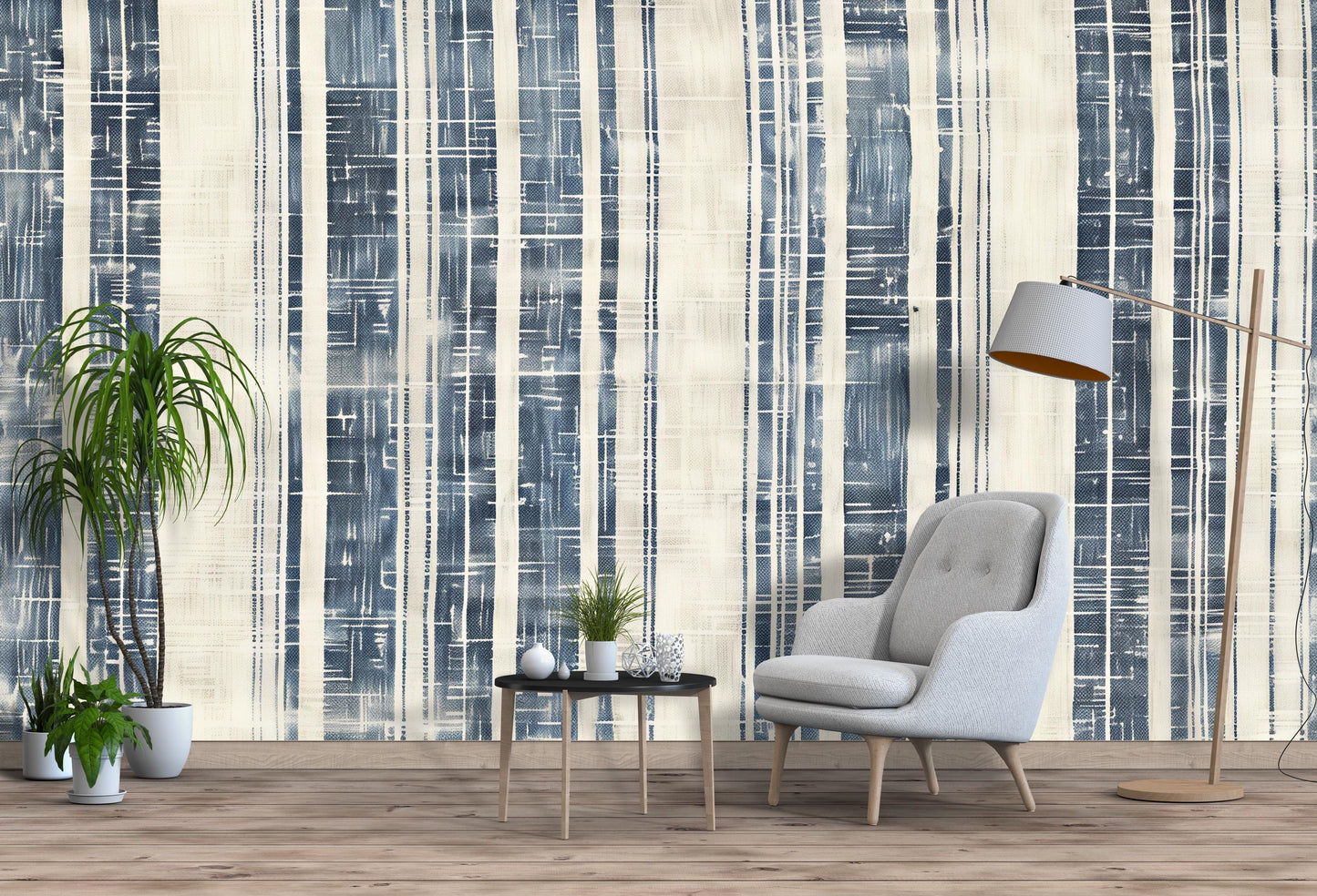 Navy Plaid Stripe Wallpaper | Modern Blue Wall Mural | Textured Abstract Accent Vn1033