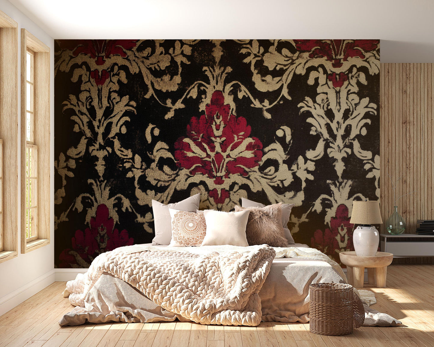 Luxury Baroque Floral Wallpaper – Black, Gold & Red Damask Tapestry Wall Mural for Bedroom or Accent Wall Vn640