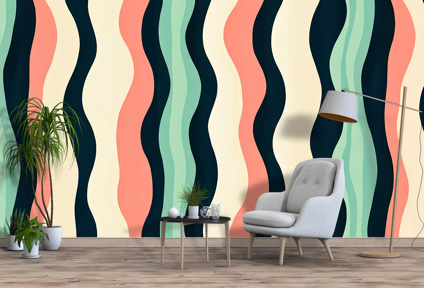 Retro Wavy Stripes Wallpaper – Mid Century Modern Wall Mural Vn1021