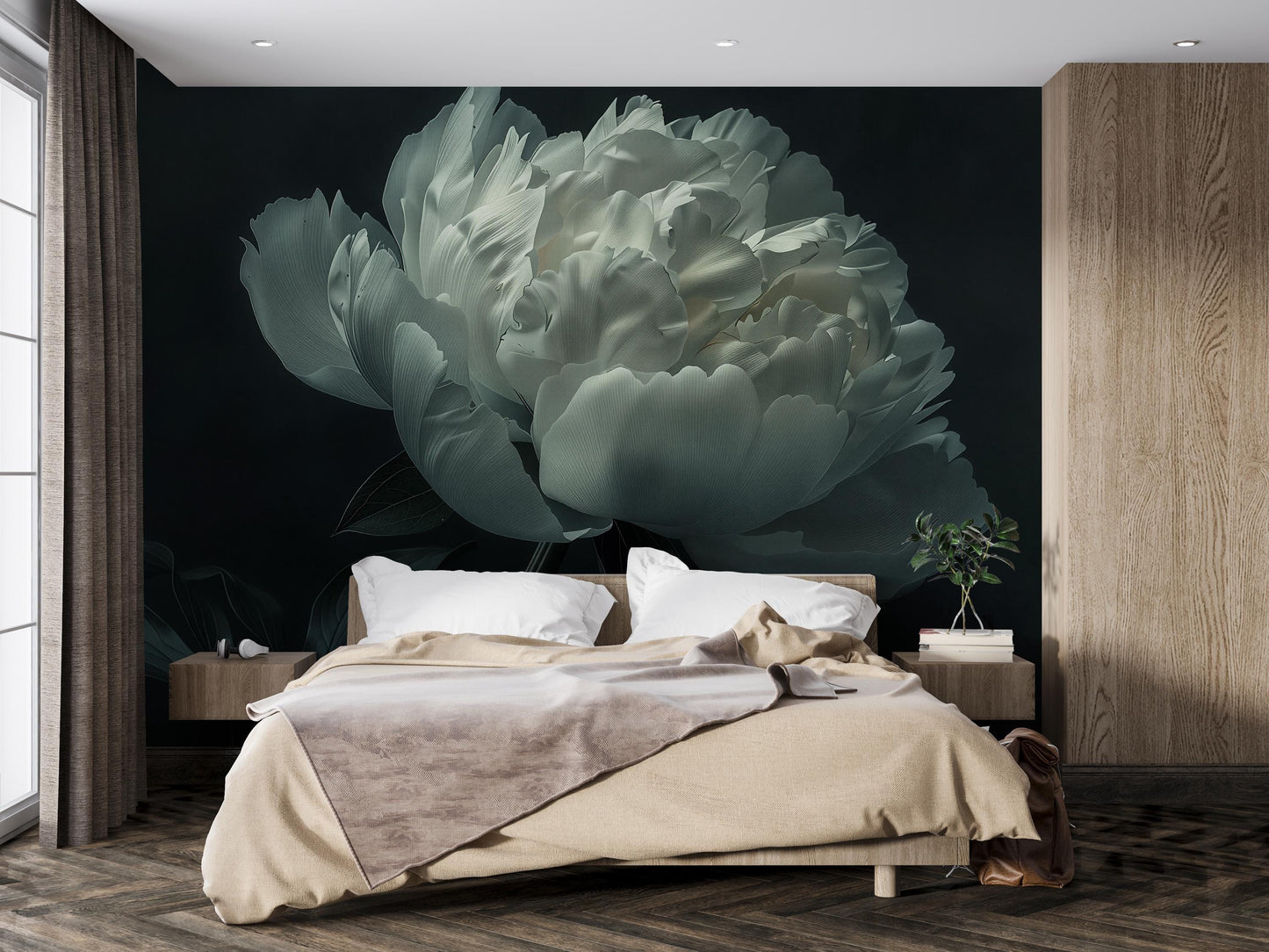 White Peony Wall Mural – Oversized Floral Wallpaper for Bedroom Accent Wall Vn1049
