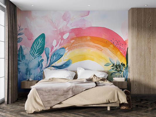 Watercolor Rainbow Wall Mural for Kids Room | Botanical Boho Wallpaper | Colorful Nursery Wall Decor | Removable Vinyl Mural Art Vn395