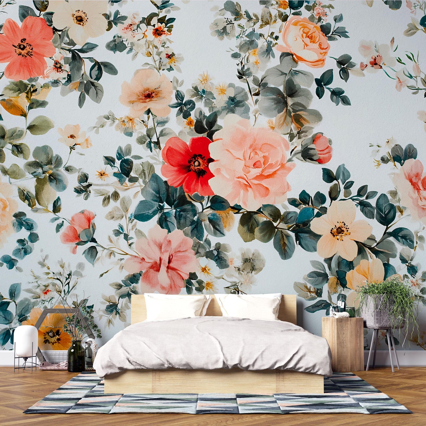 Large Floral Wall Mural, Romantic Watercolor Flower Wallpaper, Botanical Bedroom Accent Wall, Peel and Stick Floral Mural Vn643
