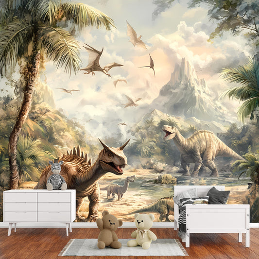 Dinosaur Nursery Wall Mural – Prehistoric Jungle Theme for Baby Room, Boys or Girls Dino Wallpaper Decor Vn006