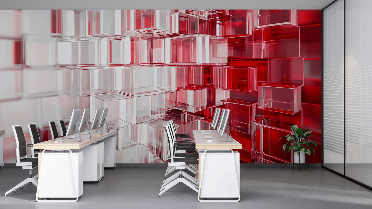 Modern Office Wall Art – 3D Red & White Geometric Cubes – Large Abstract Mural for Workspace or Home Office Vn731