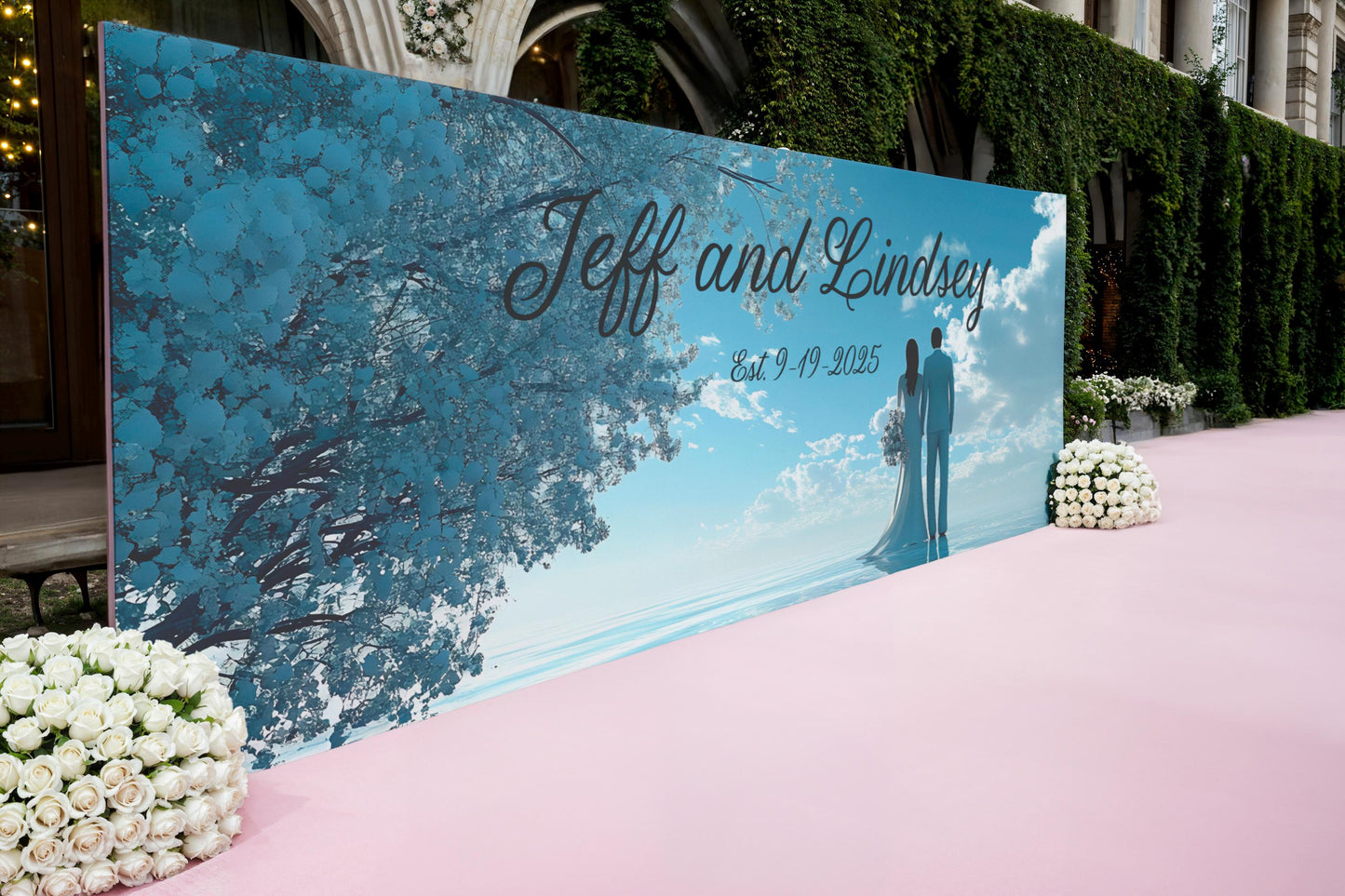 Custom Wedding Wall Art | Jeff and Lindsey Couple Name Sign | Romantic Beach Scene Mural | Established Date Anniversary Gift Decor Vn512