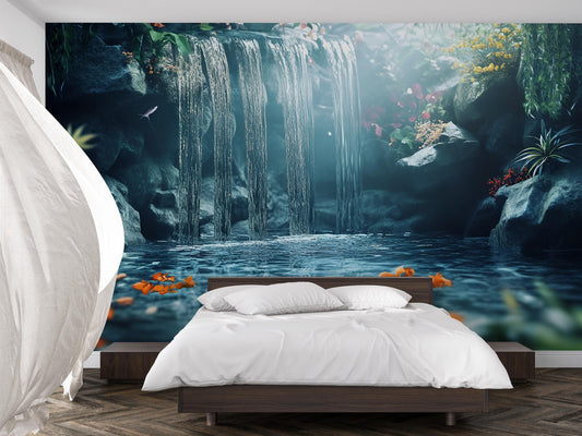 Waterfall Wall Mural | Nature-Inspired Bedroom Decor | Tranquil Waterfall Wallpaper | Serene Forest Scene for Zen Retreat Room Vn570