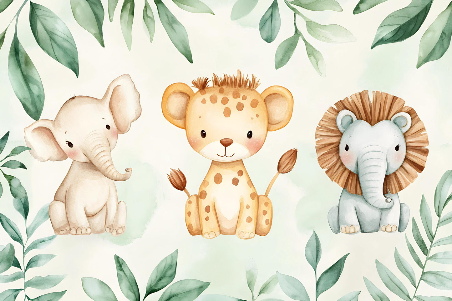 Safari Animal Wall Mural – Cute Lion Elephant Leopard Nursery Wallpaper Vn991