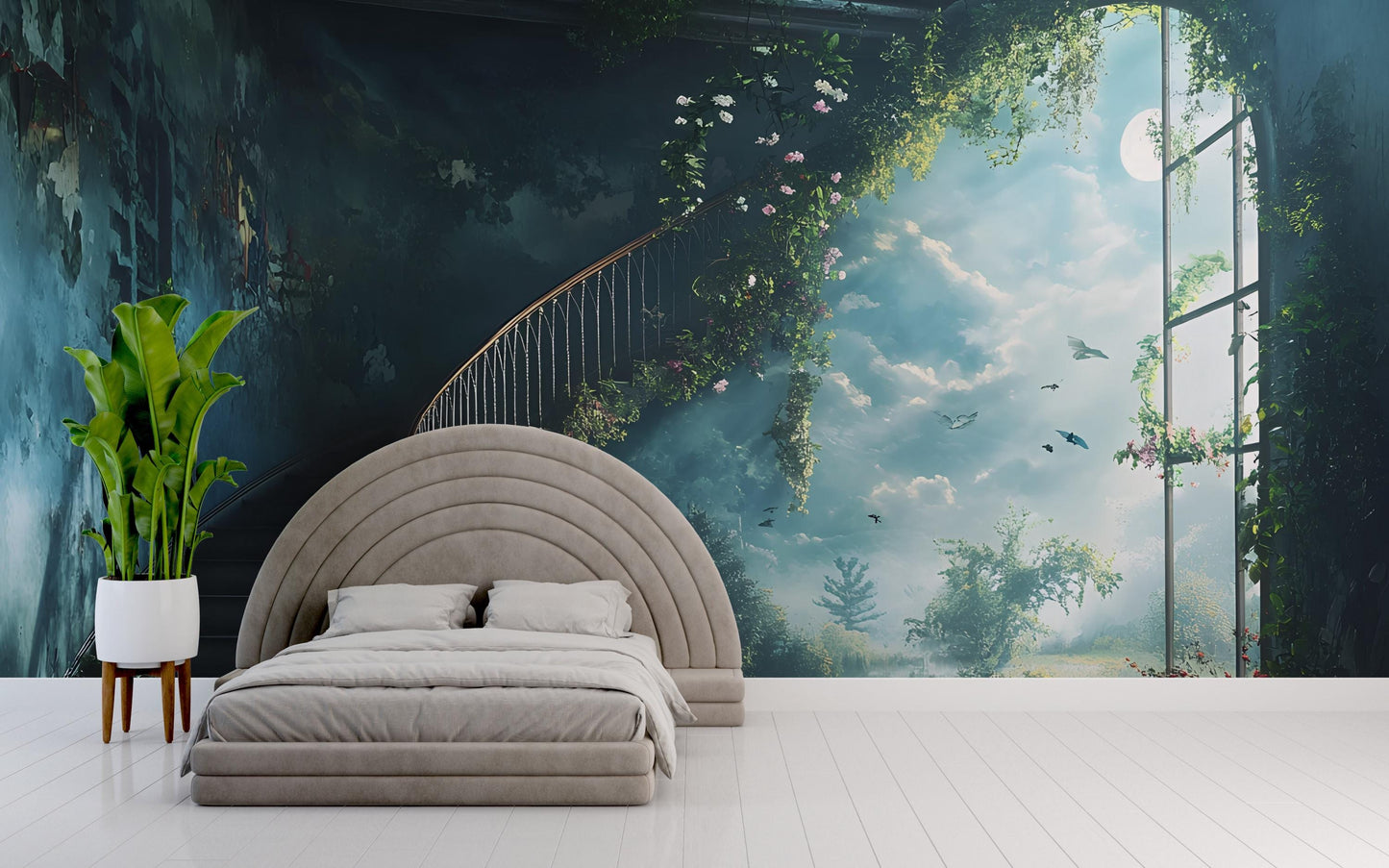 Mystical Staircase Forest Wall Mural – Dreamy Nature Fantasy Bedroom Wallpaper Vn475