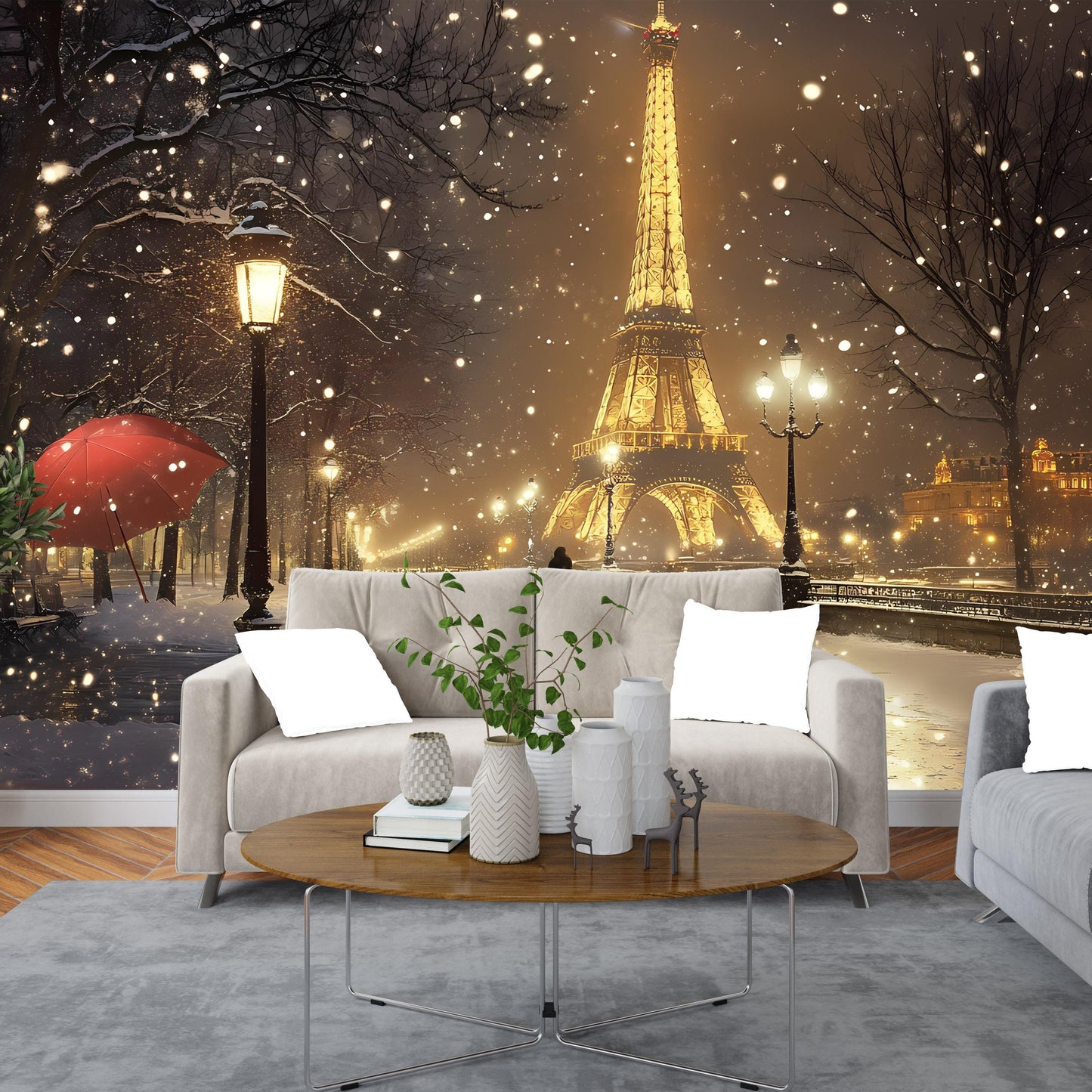 Paris Snowfall Wall Mural – Eiffel Tower Winter Night Scene – Romantic Cityscape Bedroom Decor Vn067