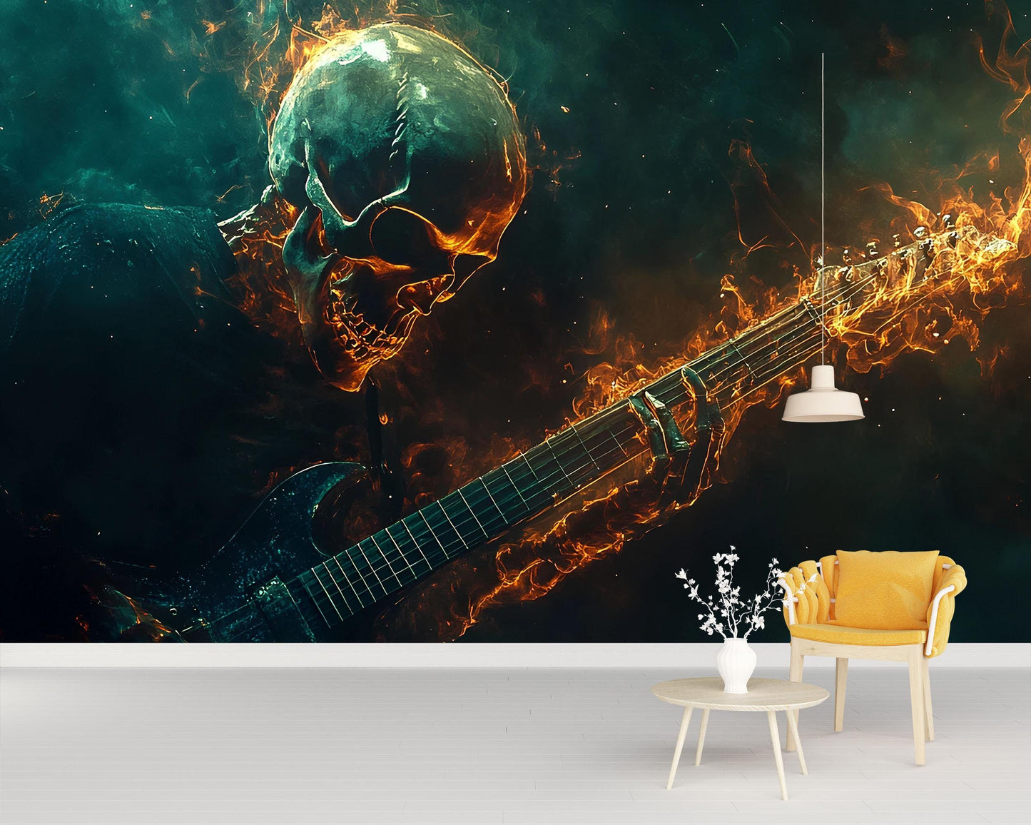 Flaming Skeleton Guitar Wall Mural – Heavy Metal Bedroom Art Decor Vn715