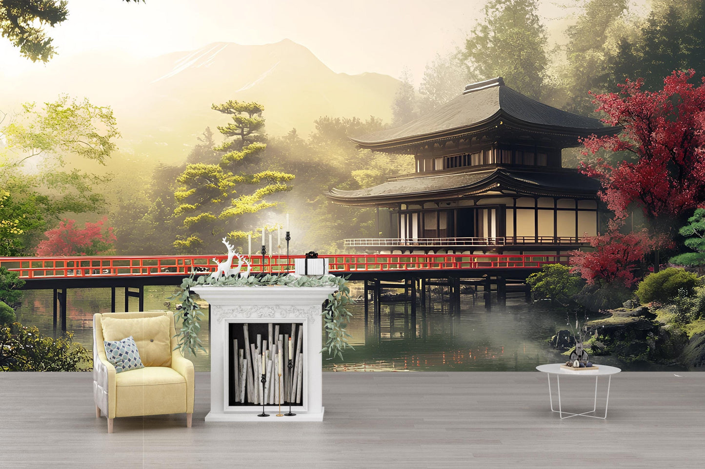 Japanese Temple Wall Mural – Tranquil Zen Garden Wallpaper for Living Room or Office Decor Vn498