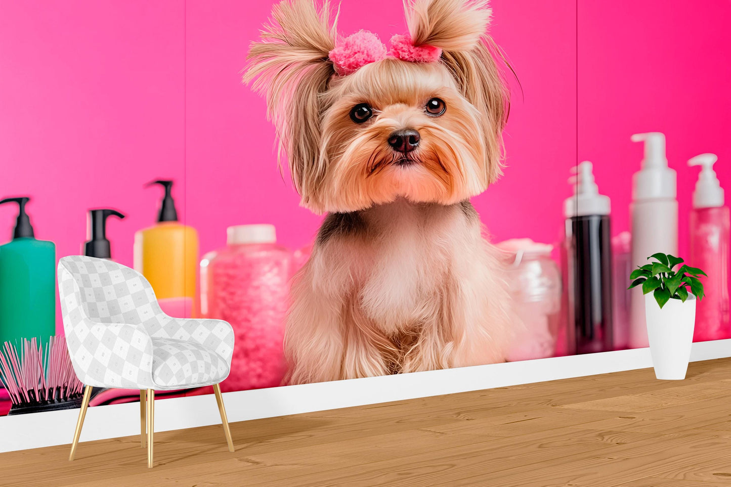 Cute Yorkie Dog Wall Mural – Pink Grooming Salon Backdrop for Pet Spa Decor Vn662