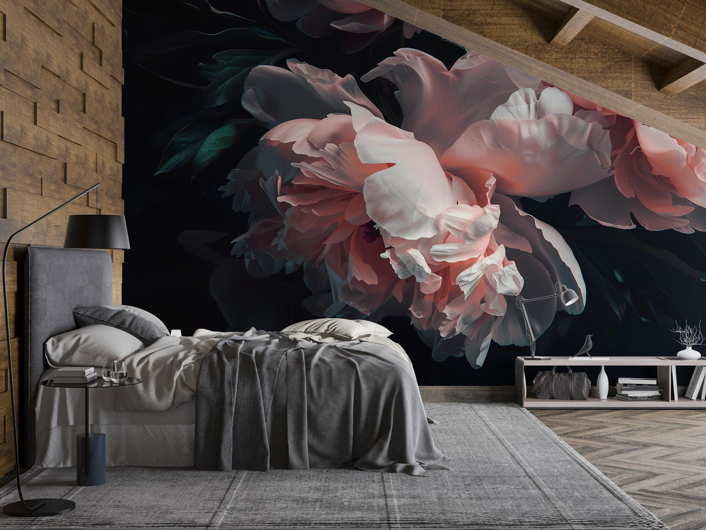 Dark Floral Mural Wallpaper – Large Pink Peony Wall Art for Bedroom Décor Vn1047
