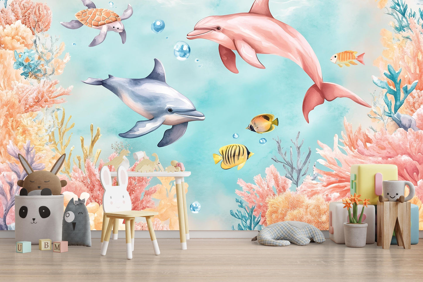 Colorful Dolphin Wall Mural – Ocean Underwater Kids Wallpaper with Fish & Coral Vn985