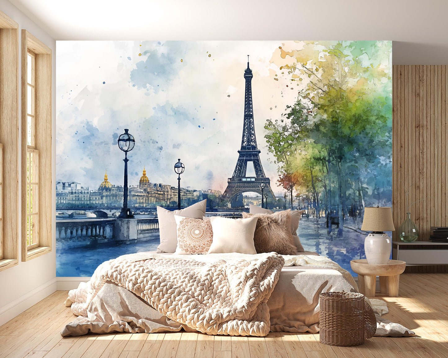 Eiffel Tower Wall Mural – Paris Watercolor Cityscape Wallpaper Vn928