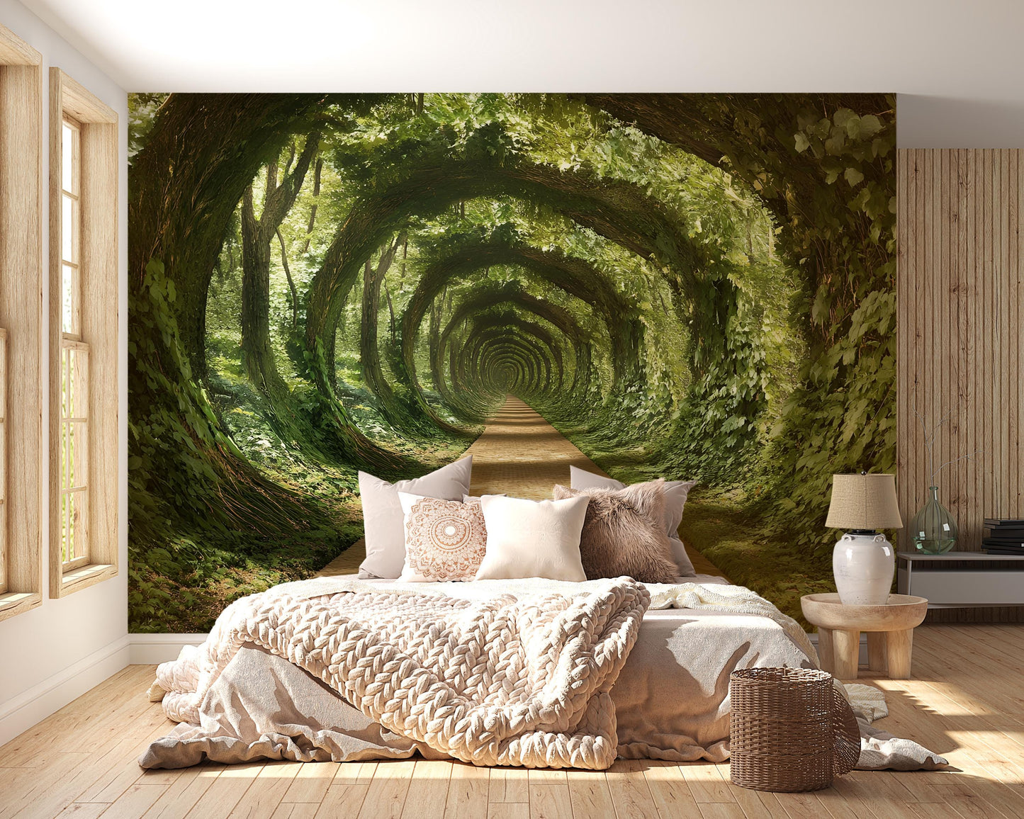 Forest Tunnel Wall Mural for Bedroom – Nature Path Illusion Wallpaper – 3D Green Archway Wall Art Décor Vn579