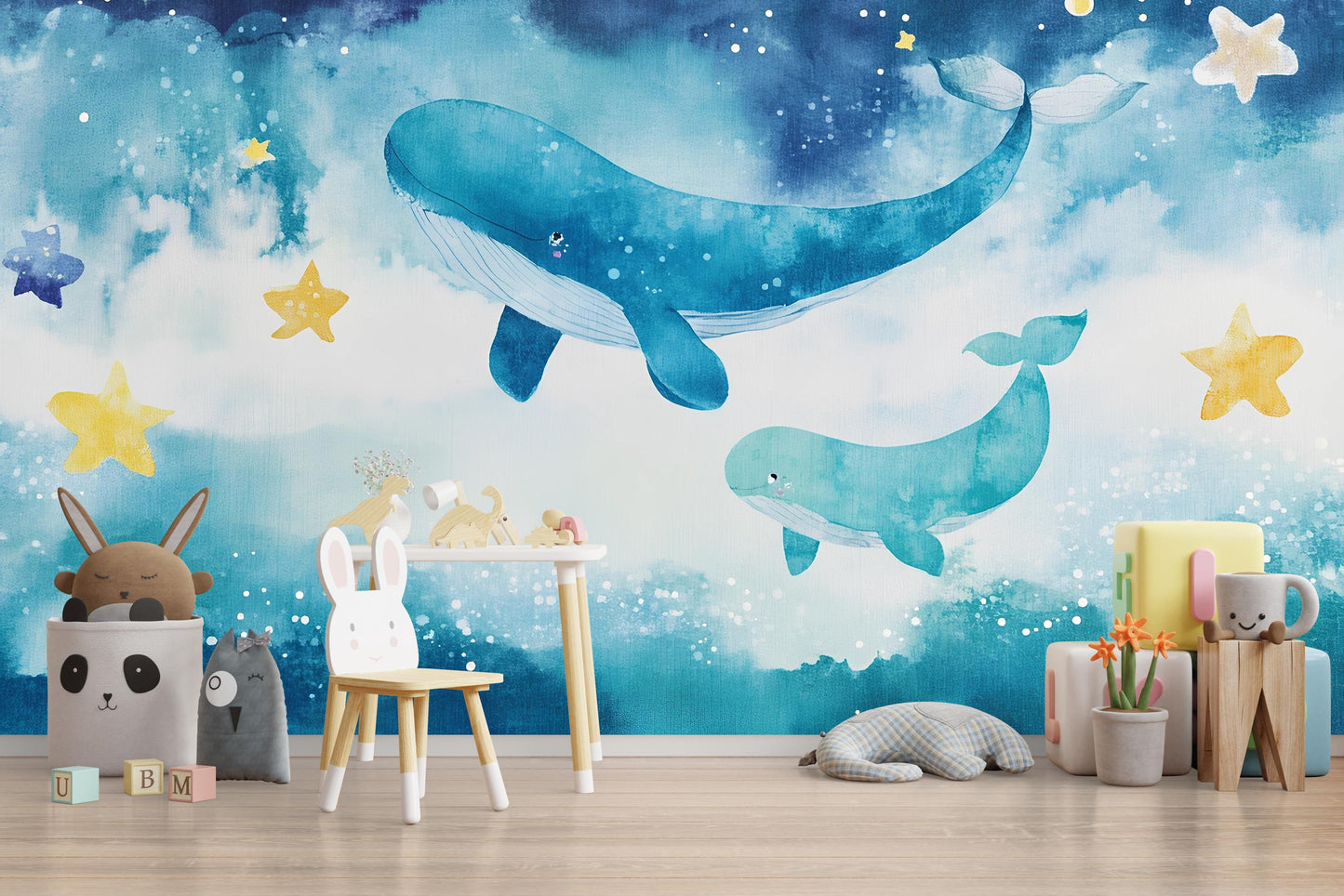 Whale Nursery Wall Mural – Ocean Baby Room Wallpaper – Underwater Sea Wall Art for Kids Room – Blue Whale Decor for Toddler Nursery Vn561