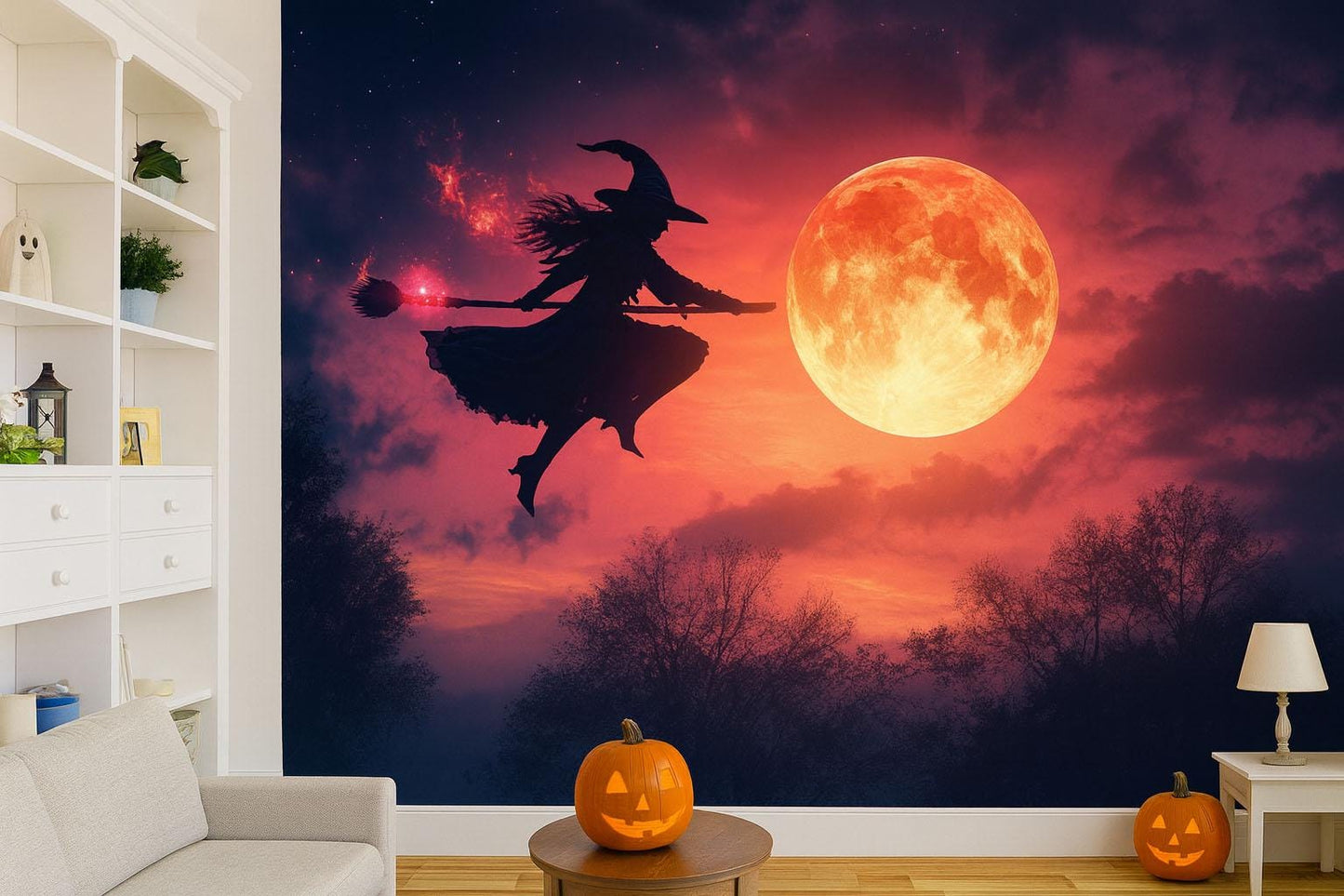 Witch Flying Over Full Moon Wall Mural – Magical Halloween Night Sky Vn805
