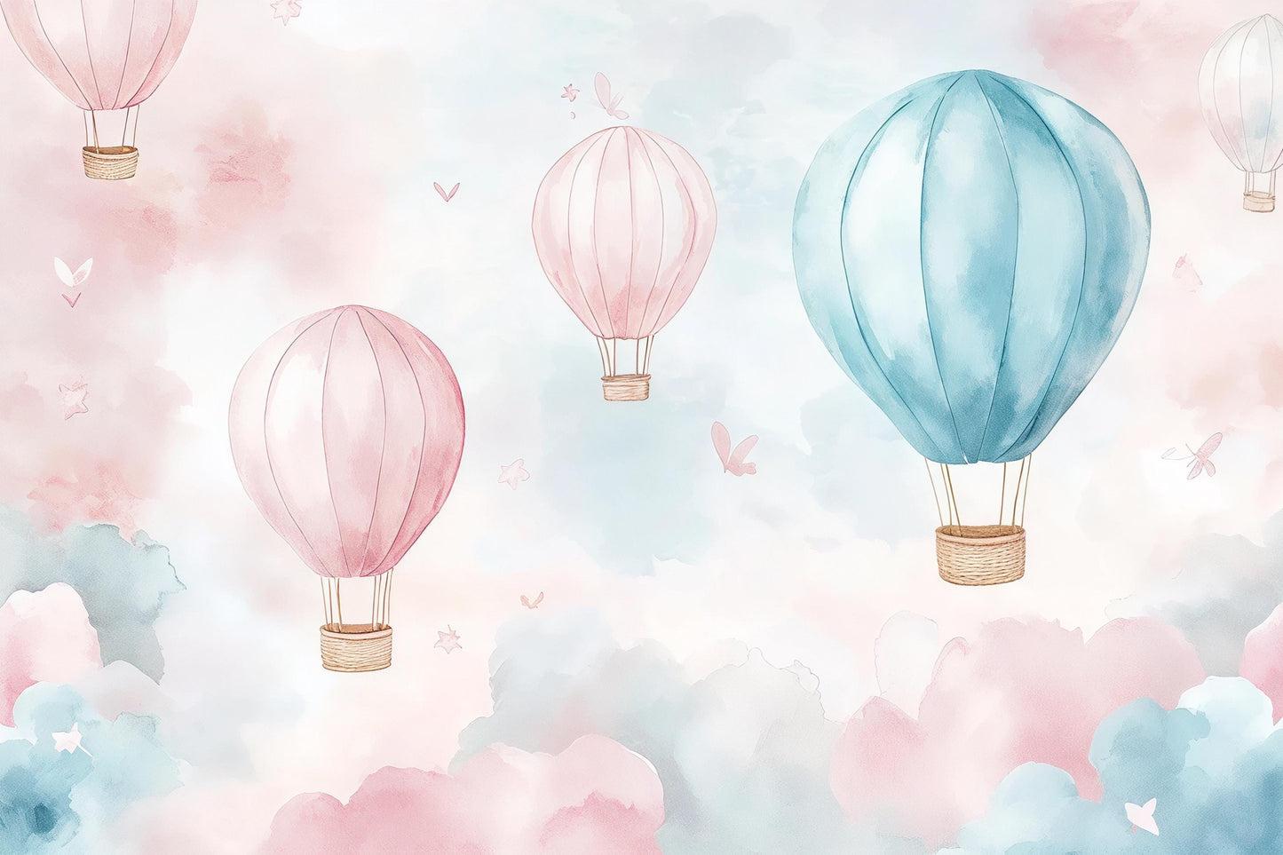 Hot Air Balloon Mural – Pink Blue Cloud Wallpaper Kids Nursery Wall Decor Vn996