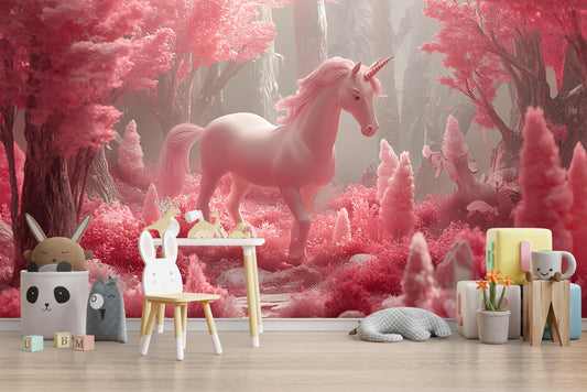 Pink Unicorn Nursery Wall Mural – Fantasy Forest Wallpaper for Baby Girl Room, Magical Pastel Woodland Décor Vn 303