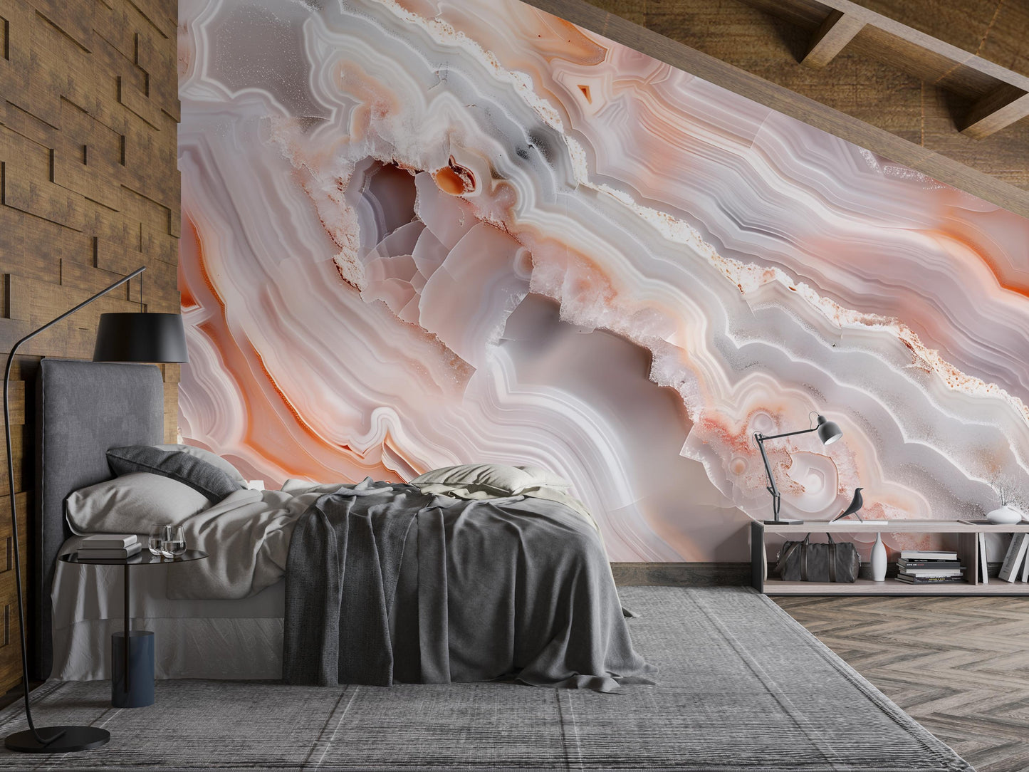 Peach Agate Wall Mural – Crystal Stone Pattern Wallpaper in Grey & Coral Tones Vn1091