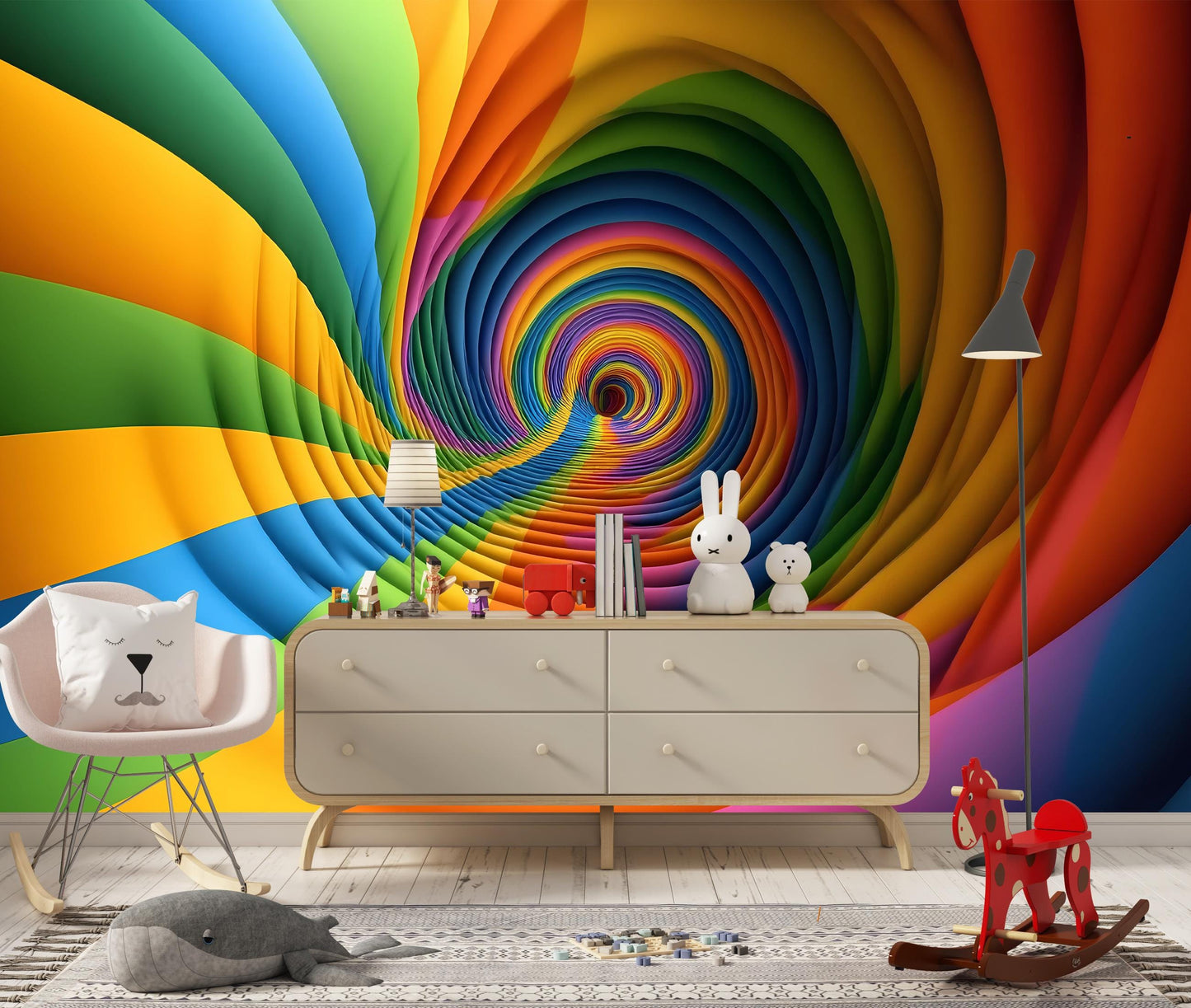 Rainbow 3D Tunnel Wall Mural – Colorful Optical Illusion Wallpaper Vn908
