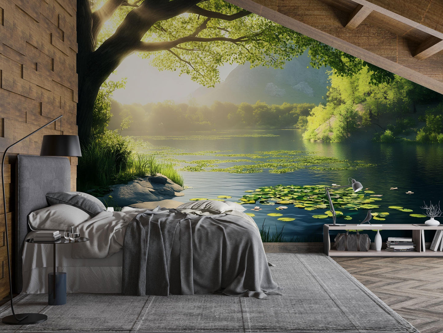 Tranquil Lake Wall Mural – Water Lily Pond & Forest Landscape Wallpaper Vn829