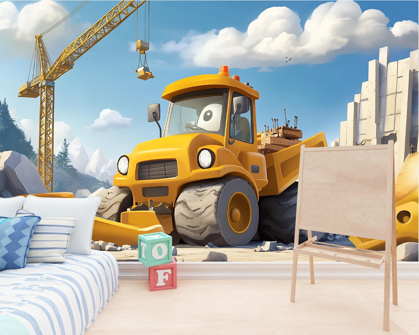 Cartoon Construction Vehicle Wall Mural – Kids Room Decor with Bulldozer & Cranes Vn442