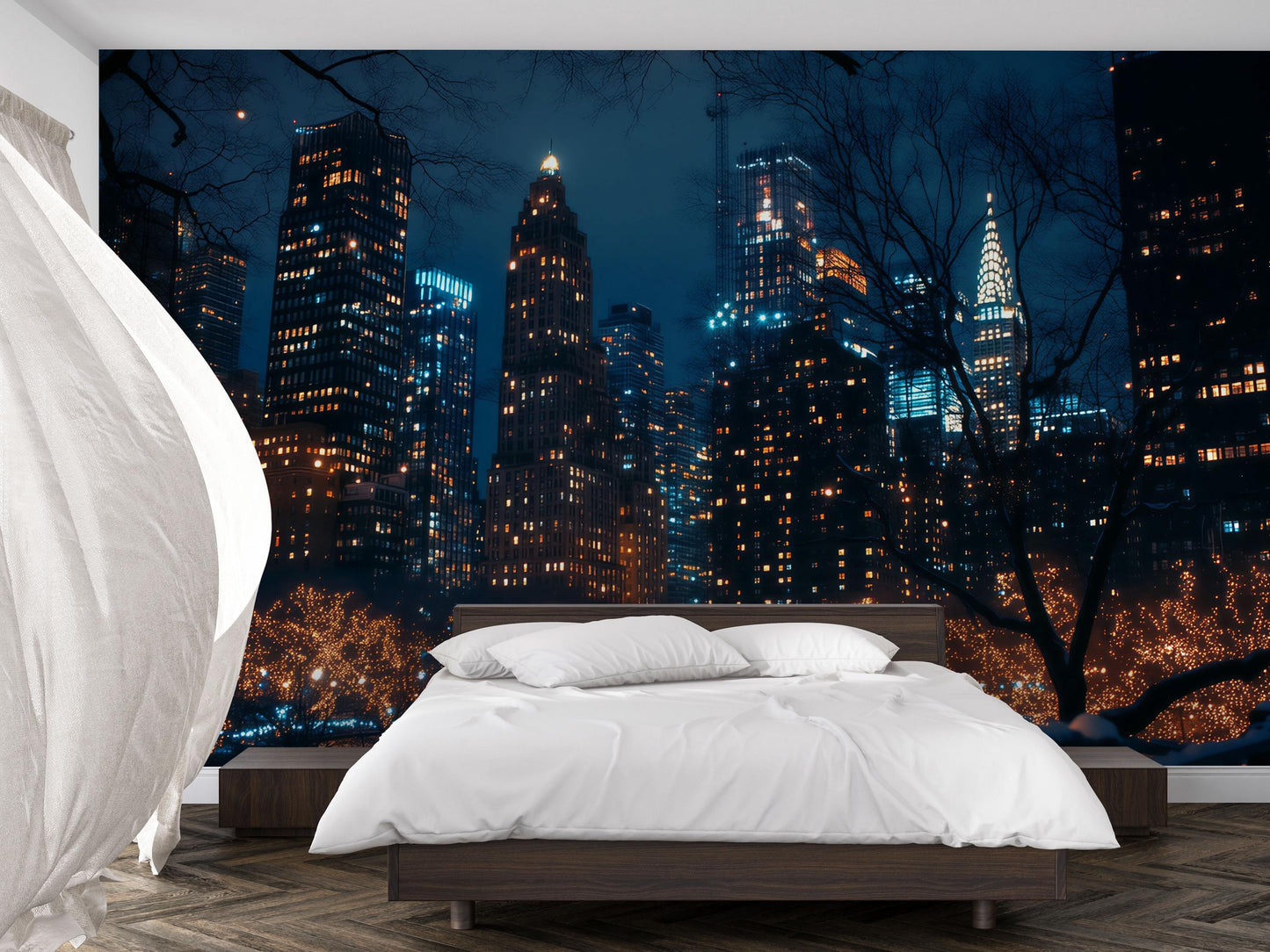 NYC Skyline Wall Mural – Night City Wallpaper with Lights for Bedroom Decor Vn895