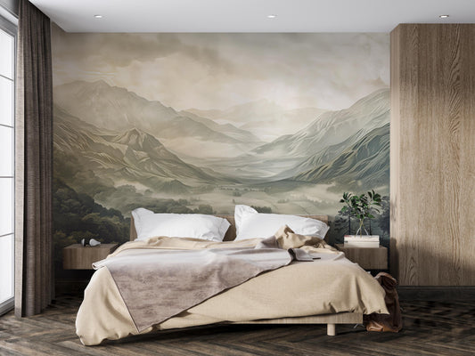 Misty Mountain Wall Mural – Scenic Forest Valley Wallpaper for Bedroom Vn1007