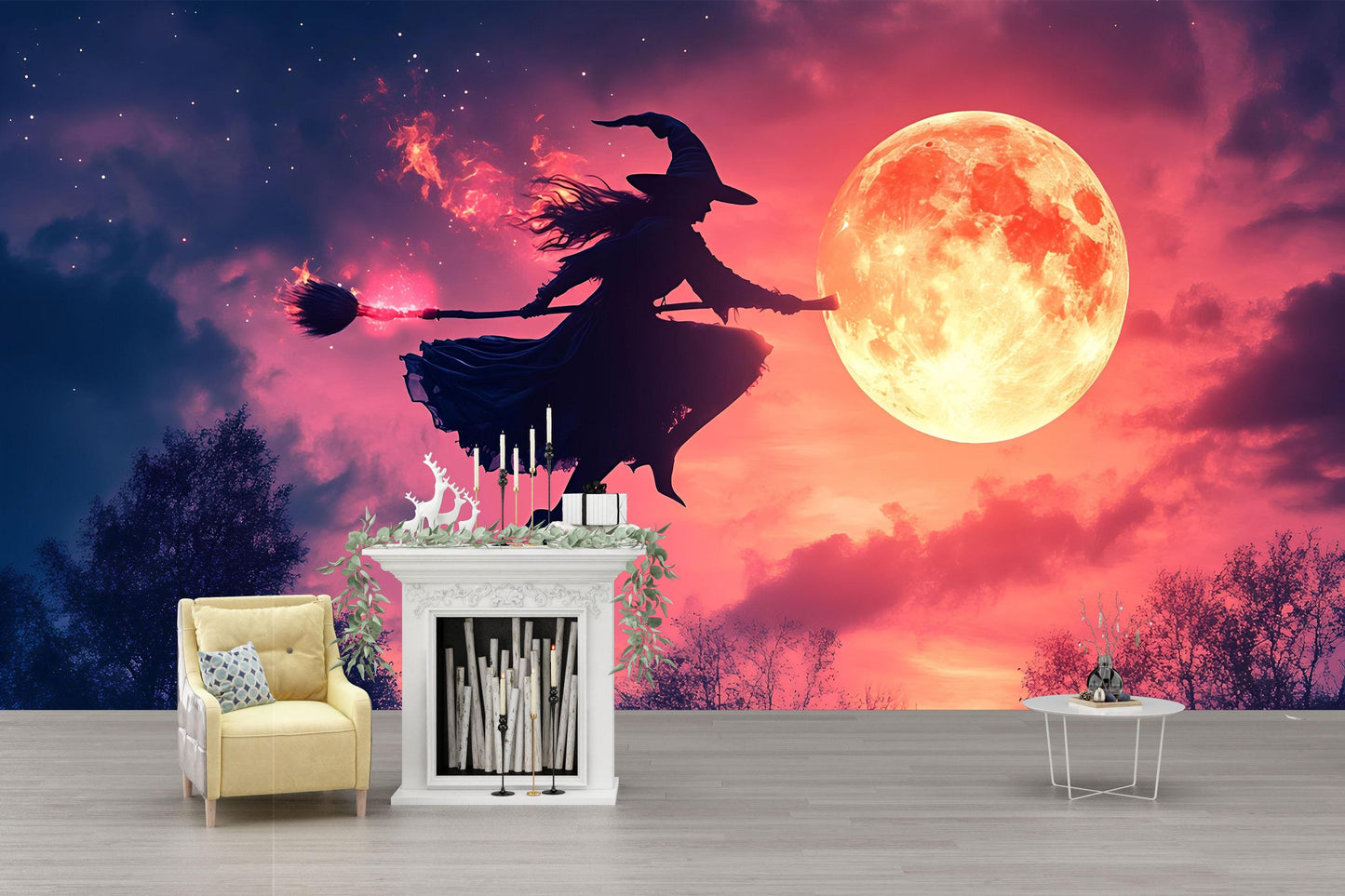 Witch Flying Over Full Moon Wall Mural – Magical Halloween Night Sky Vn805