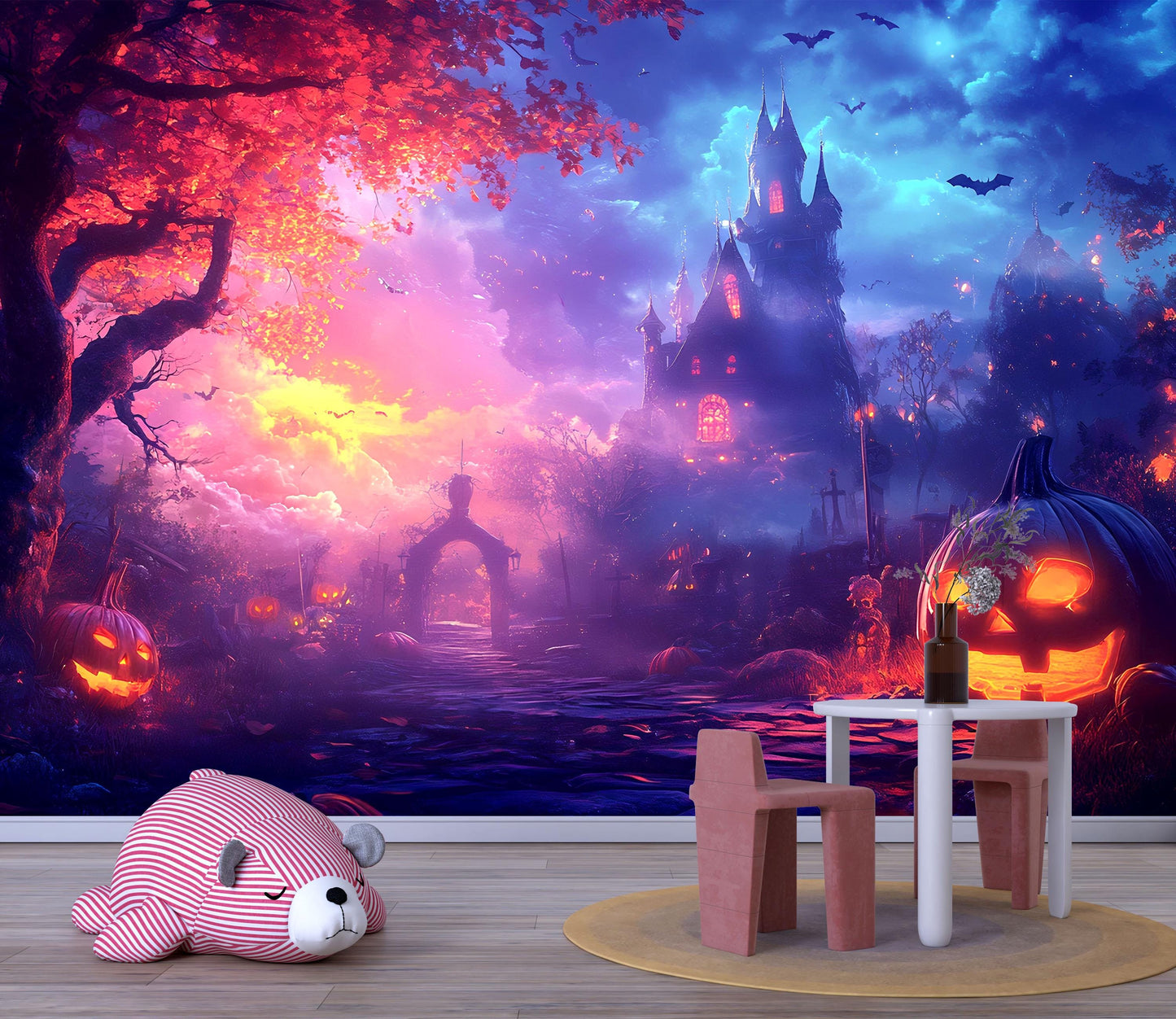 Colorful Halloween Castle Wall Mural – Spooky Kids Room Décor Vn800