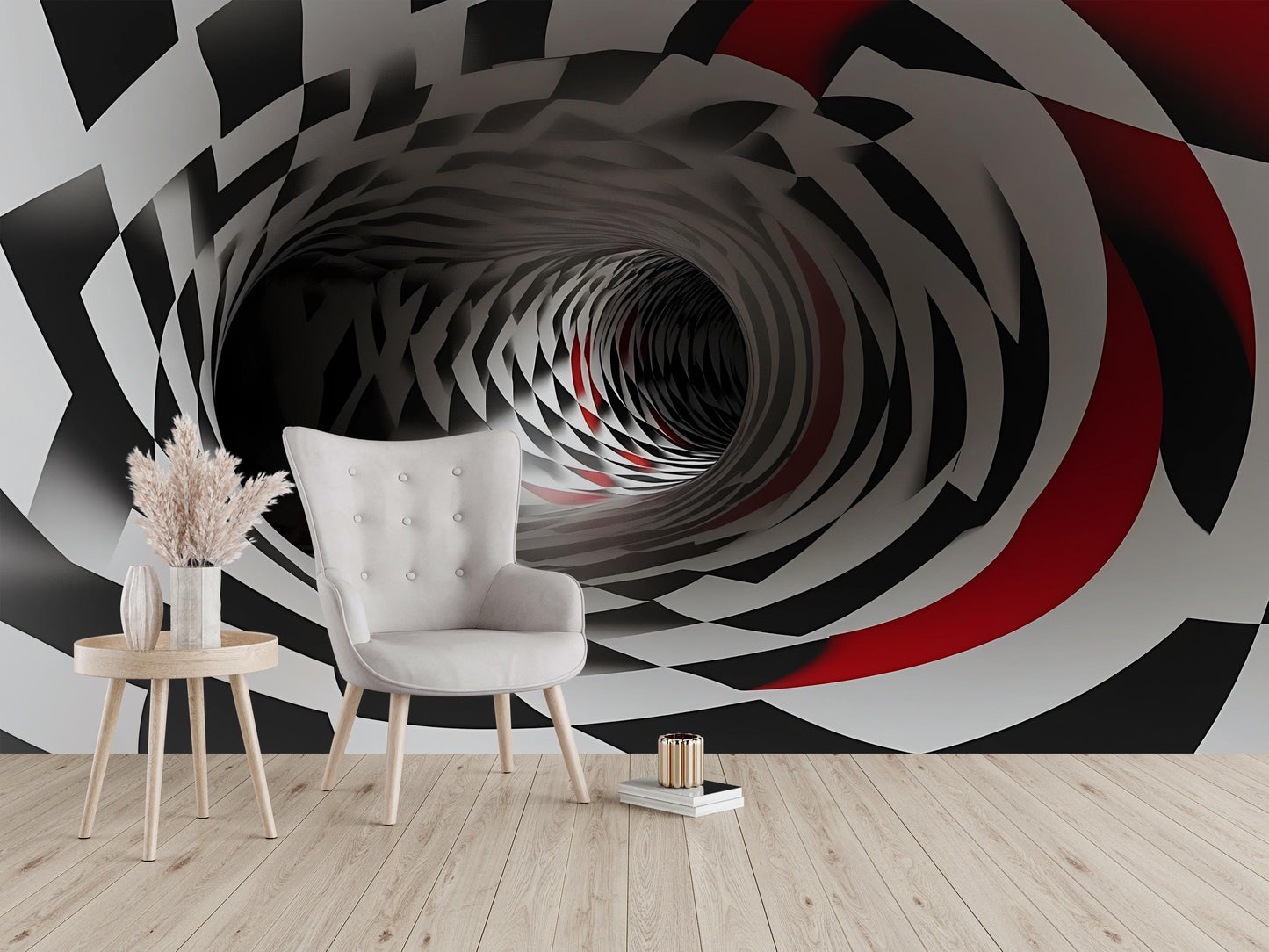 3D Tunnel Wall Mural – Black Red Optical Illusion Wallpaper Vn906