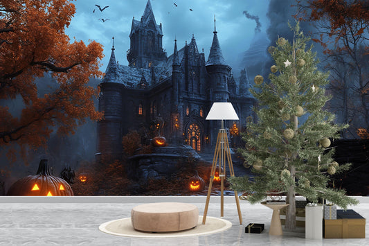 Haunted Castle & Jack-O’-Lantern Path Wall Mural – Gothic Halloween Décor Vn802