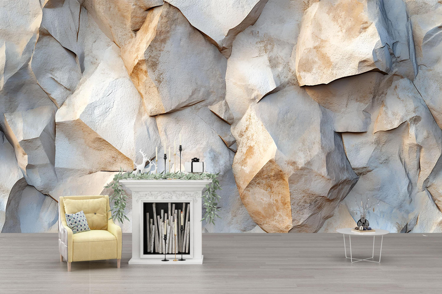 Rock Texture Wall Mural with Minimal Christmas Tree & Gifts – Modern Winter Holiday Decor Vn739