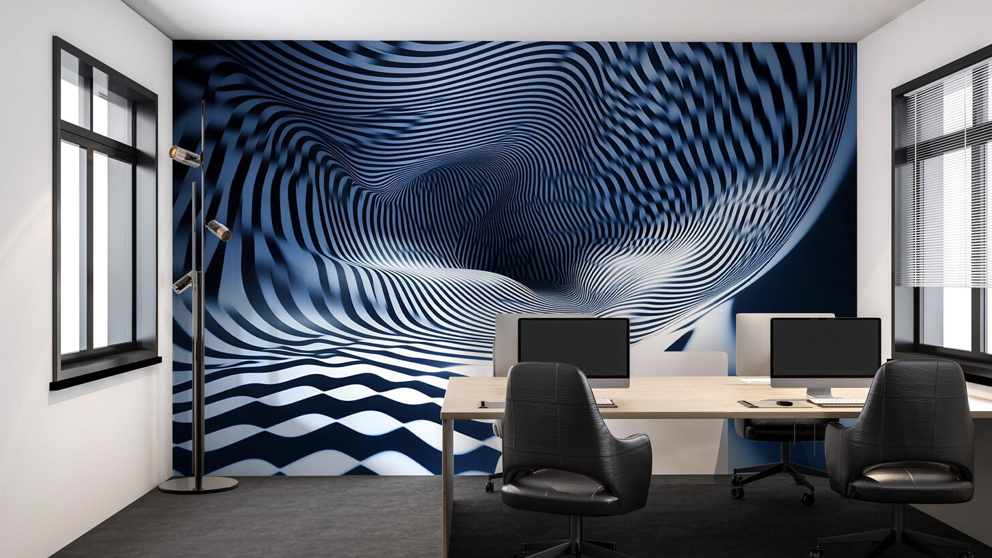 Blue White 3D Wave Wall Mural – Optical Illusion Abstract Wallpaper Vn910